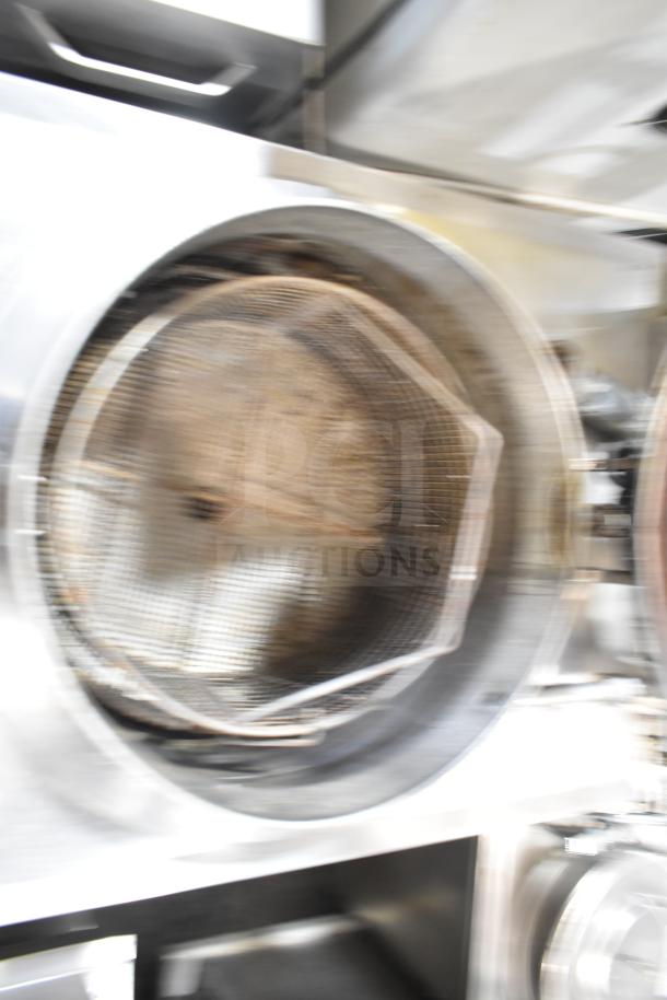 BKI FKM-F electric pressure fryer on casters, 208/230V, 3 phase, commercial use, visible wear, ideal for high-capacity frying.