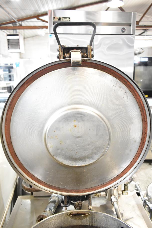 BKI FKM-F electric pressure fryer, open lid view, commercial casters, 208/230V, 3 Phase, used condition, stainless interior.