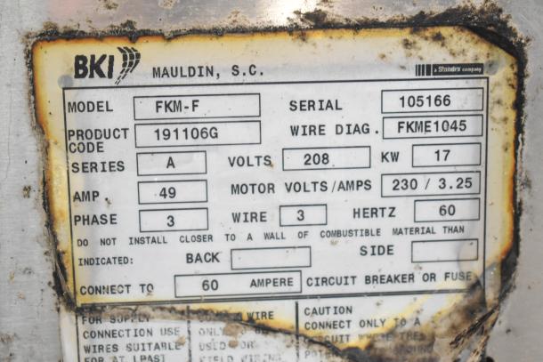 BKI FKM-F Commercial Electric Pressure Fryer label showing model, series, volts, amps, and installation instructions.