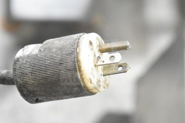 Close-up of a Bakon GS 250 plug. The commercial unit operates at 110 volts, 1 phase. Plug shows signs of wear.