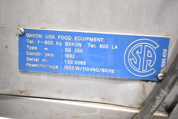 Bakon GS 250 Commercial Unit, 110V, 1 Phase on casters. Serial 1.02.0063, 1992 model, 1650W/110VAC/60Hz label visible.