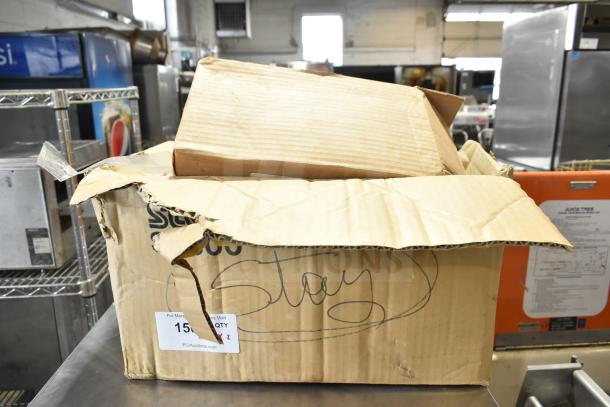 Cardboard box with a Belshaw TG50 soap dispenser and Star SP300 printer, used condition, marked "Stay" with auction label.