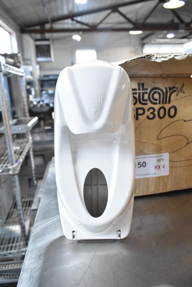 Belshaw TG50 soap dispenser and Star SP300 receipt printer. Box visible; excellent condition. Marked "Push" on dispenser.