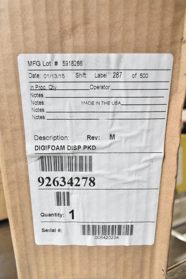 Cardboard box label showing manufacturing details for Belshaw TG50, made in USA. Quantity: 1, Serial #: 008420234.