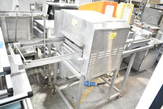 Belshaw TG50 Thermoglazing Station, stainless steel, on commercial casters, 208V, 1 phase, used condition, visible caution labels.