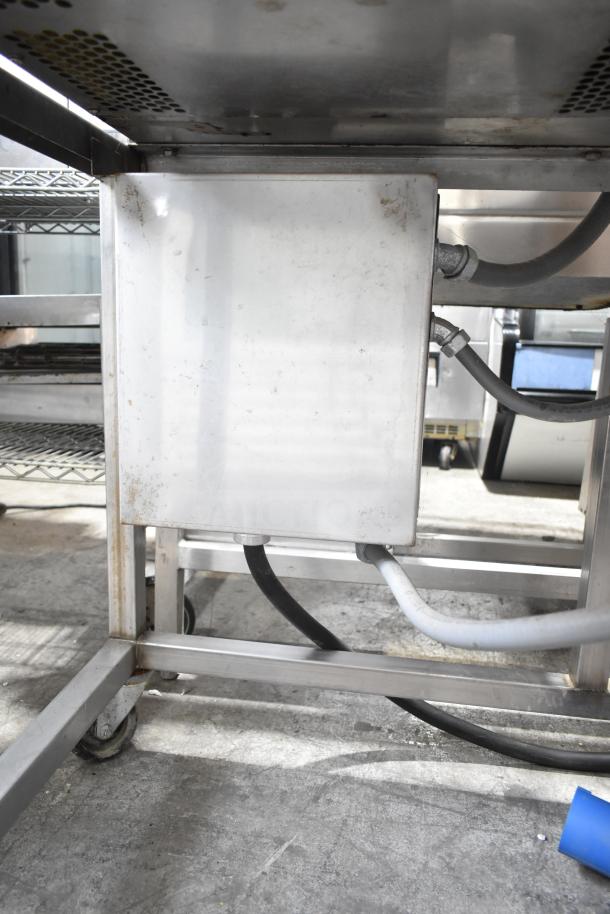 Belshaw TG50 Thermoglazing Station, commercial casters, 208V, 1 Phase, stainless steel, visible electrical connections.