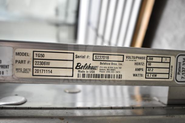 Belshaw TG50 Thermoglazing Station, 208V, 1 Phase, Serial S237018, on casters. Model and part info visible. Made in USA.