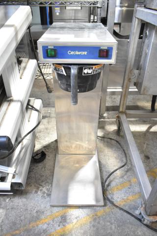 Cecilware FTC-3 commercial countertop iced tea machine, 120 volts, 1 phase, stainless steel, good condition, labeled controls.