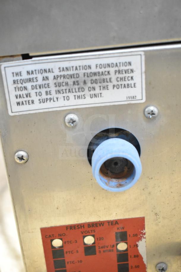 Cecilware FTC-3 Iced Tea Machine, commercial countertop model, 120 volts. Features NSF label for flowback prevention.