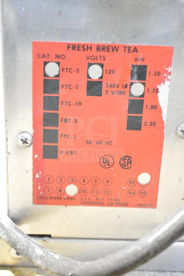 Cecilware FTC-3 Commercial Iced Tea Machine, 120V, 1 Phase. Visible label shows model and electrical specifications.