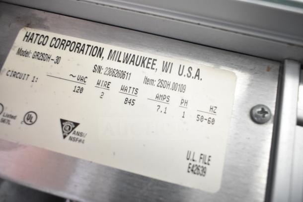 Hatco GR2SDH-30 warming display merchandiser label; 120V, 1 Phase, 845 watts, serial 2386260611, UL certified.