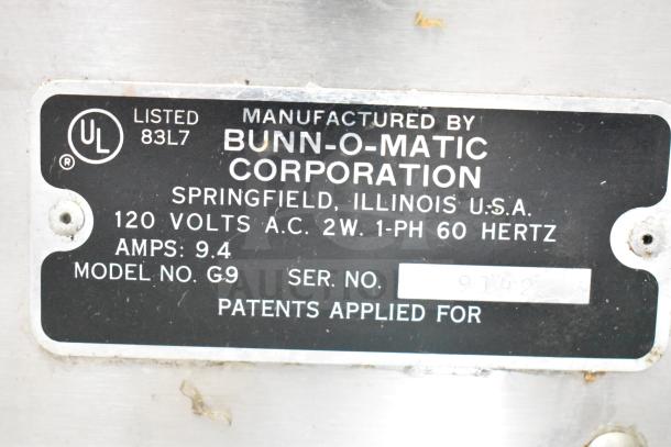 Bunn G9 Commercial Coffee Grinder label. 120 Volts, 1 Phase, 60 Hertz. Model G9, Serial 9142. Manufact. Bunn-O-Matic Corp.
