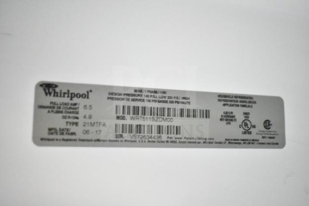 Whirlpool WRT511SZDM00 reach-in cooler label, 115 volts, 1 phase, model WRT511SZDM00, includes freezer section.