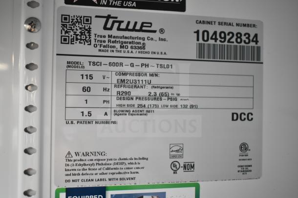2022 True TSCI-600R-G-PH commercial single door cooler label showing model specifications, 115V, Energy Star certified.