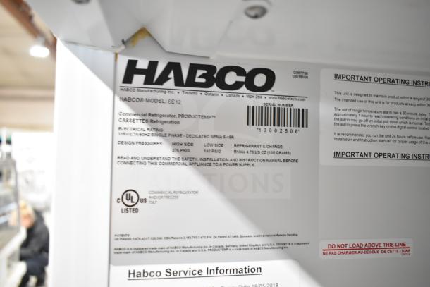 Habco SE12 Commercial Single Door Reach-In Cooler Merchandiser, 115 Volts, UL listed, with serial number and operating instructions visible.