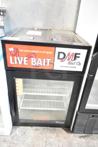 True GDM-05-HC mini cooler merchandiser, single glass door, with "Live Bait" branding. 115 volts, commercial-grade.