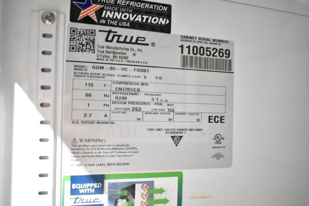 True GDM-05-HC mini cooler merchandiser label. 115V, 1 phase, Model GDM-05-HC, refrigerant R290, made in the USA.