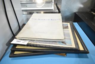 6 items: "The Book of Kells" book, 5 framed pictures. Book cover shows wear; pictures have black frames. Auction lot 162.