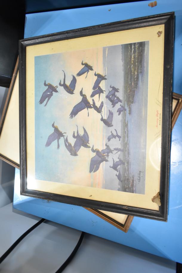 Framed artwork featuring birds in flight, black frame, visible wear on corners, signed by artist. Part of auction lot including The Book of Kells.