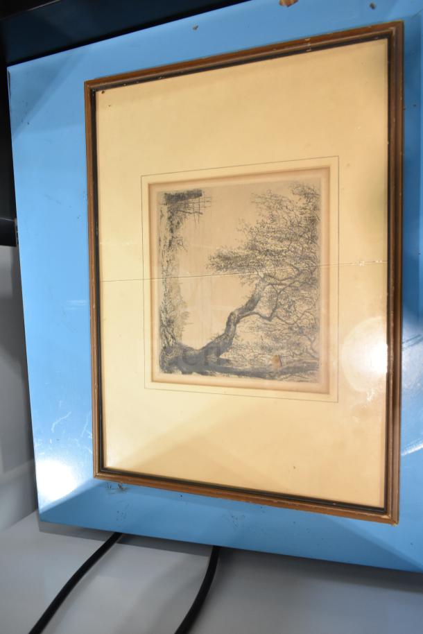 Framed picture with tree etching, wooden frame, part of 6-item auction including The Book of Kells. Good condition.