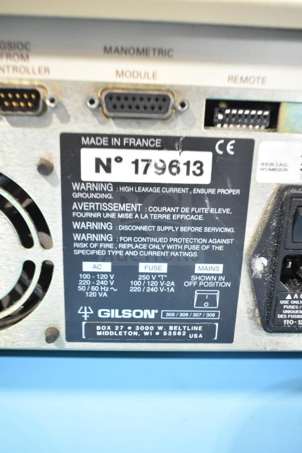 Gilson HPLC System label showing serial number 179613, power specifications, and warning notices. Made in France.