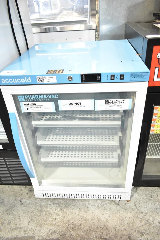 Accucold ARG6PV Mini Cooler Merchandiser, 110V, single-phase, glass door, shelving, Pharma-Vac performance labels visible.