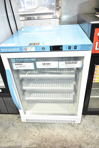 Accucold ARG6PV Mini Cooler Merchandiser, 110V, single-phase, glass door, shelving, Pharma-Vac performance labels visible.