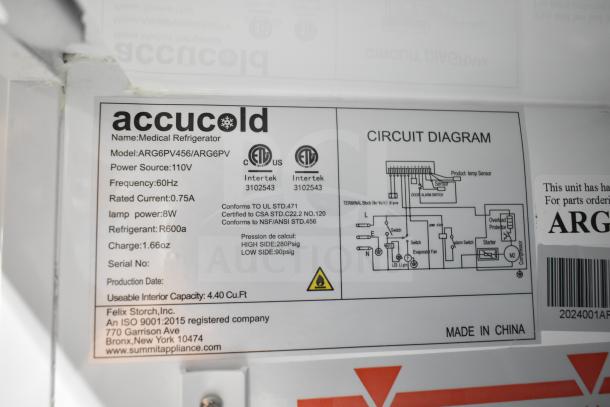 Accucold ARG6PV Mini Cooler Merchandiser, 110V, 1 Phase. Features circuit diagram and refrigeration specifications.