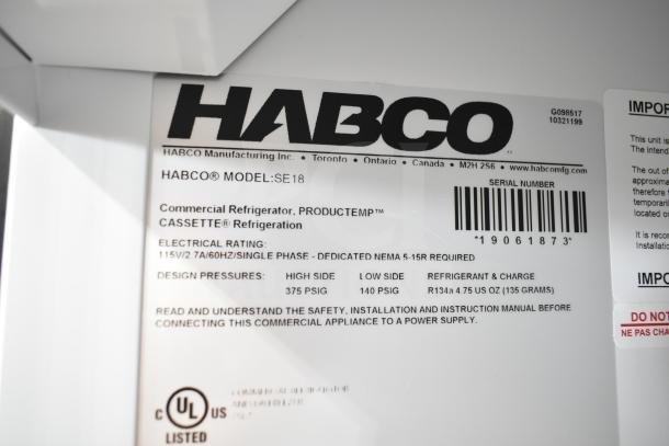 2019 Habco SE18 Commercial Cooler, single door, 110 volts, model SE18. Label shows electrical rating and refrigerant type.