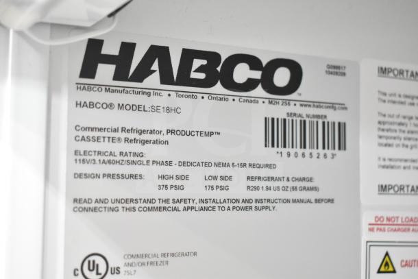 2019 Habco SE18HC Single Door Cooler Merchandiser label, showing model, electrical rating, serial number, and UL certification.