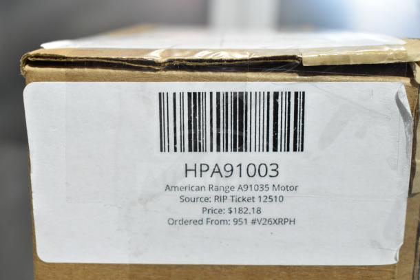 Brand new American Range A91035 Motor, model HPA91003, scratch and dent condition. Box label shows price $182.18.