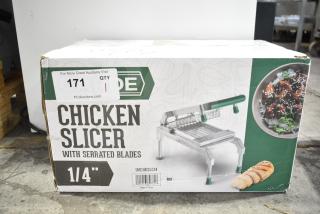 Box of Garde CHKSLC14 1/4" serrated blade chicken slicer, brand new, scratch and dent condition, with product image.