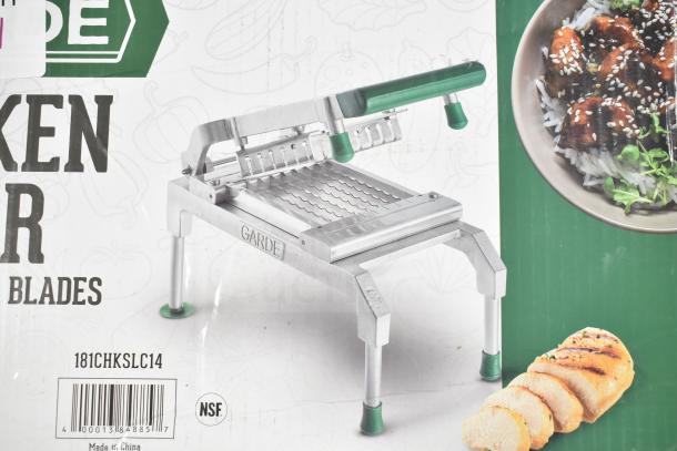 BRAND NEW Garde CHKSLC14 1/4" serrated blade cooked chicken slicer, model 181CHLSLC14. Scratch and dent condition, NSF certified.