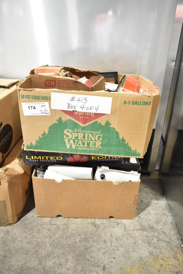 Lot of various automotive items in boxes, including a Fram PH4967 filter and Napa thermostat, labeled "#413 Box 4 of 4." Boxes show wear.