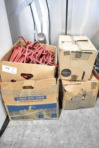 Lot of 4 boxes including red metal pieces, varying conditions. Box labels include "Merckens" and "Chewy" contact info visible.