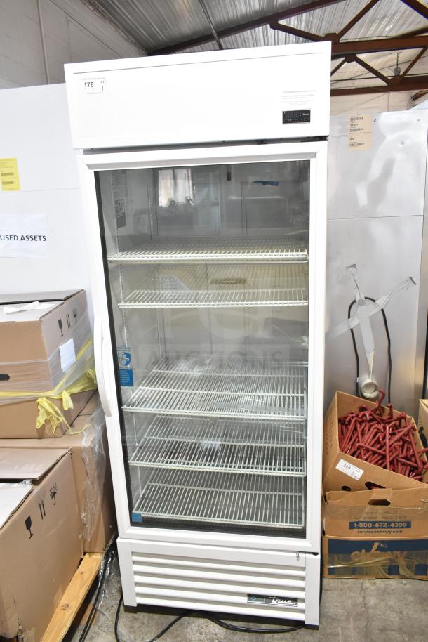 2021 True TSCI-600R-G-PH commercial single door cooler, glass front, metal shelves, 115V, good condition, model label visible.