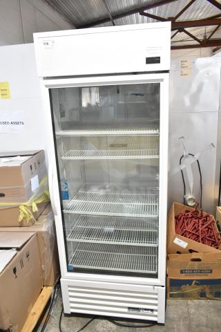 2021 True TSCI-600R-G-PH commercial single door cooler, glass front, metal shelves, 115V, good condition, model label visible.