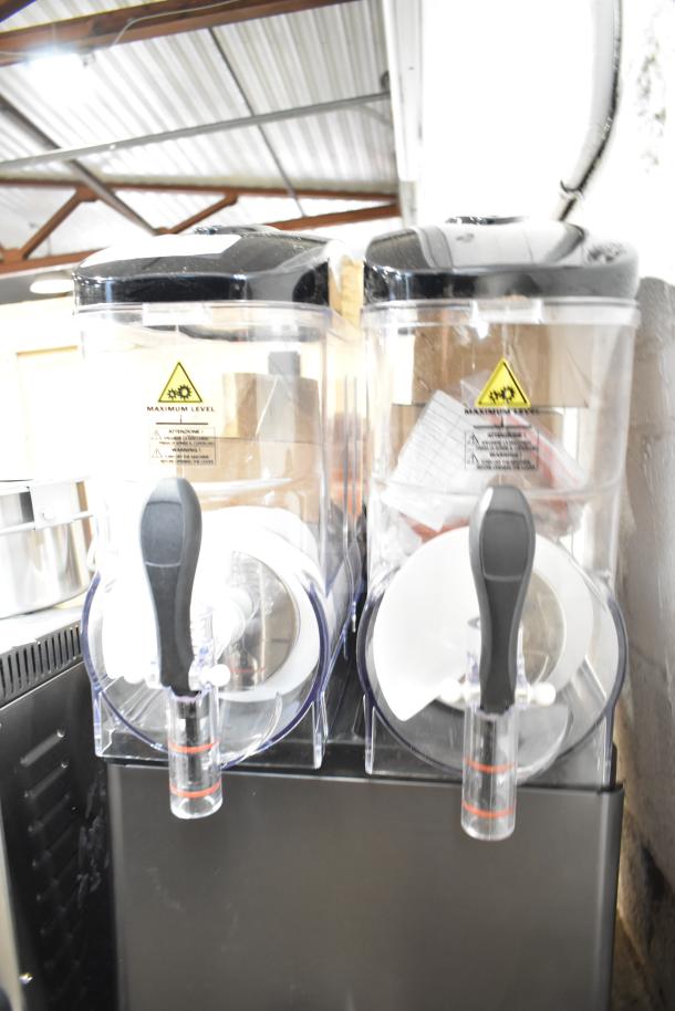 Brand new Galaxy 17GSM2 countertop 3-gallon slushy machine, 120V, 1 phase, minor scratches and dents visible.