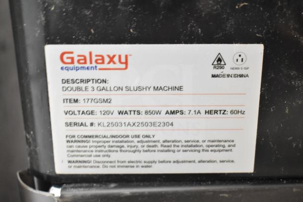 Galaxy 17GSM2 slushy machine label indicating model, voltage 120V, watts 850W, amps 7.1A, and made in China.