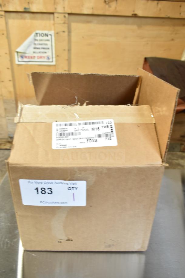 Box of BRAND NEW SCRATCH AND DENT Avantco 177CHSME32IM Espresso Group, Motor Drive Crescendo. Labels with item codes visible.