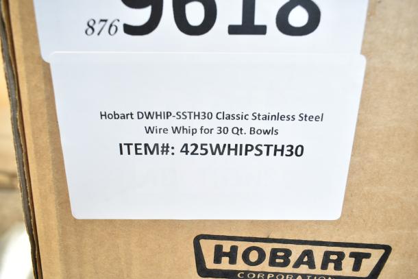 BRAND NEW Hobart DWHIP-SSTH30 stainless steel wire whip for 30 Qt. bowls, item #425WHIPSTH30. Scratch and dent condition.