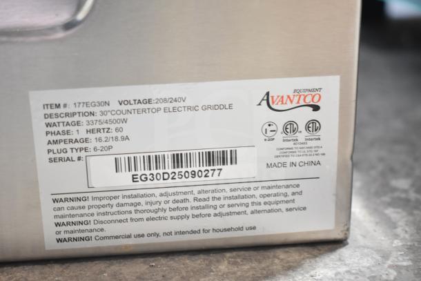 Brand new Avantco 177EG30N 30" electric countertop griddle tag, 208/240V, 3375/4500W, plug type 6-20P.