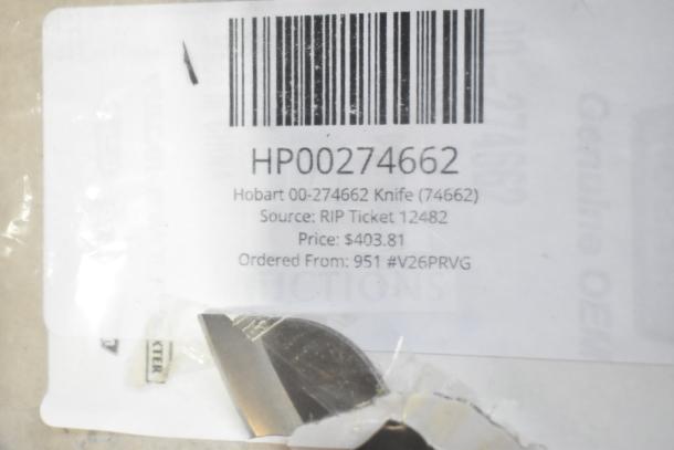 Brand new Hobart 00-274662 Knife with minor scratches. Label shows barcode, item number, and $403.81 price.