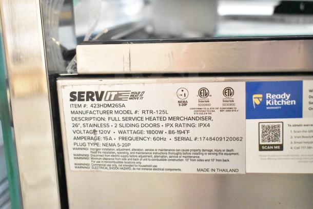 Brand new ServIt 423HDM26SA 26" heated display case, 3 shelves, sliding doors, 120V, 1800W, IPX4, stainless steel.