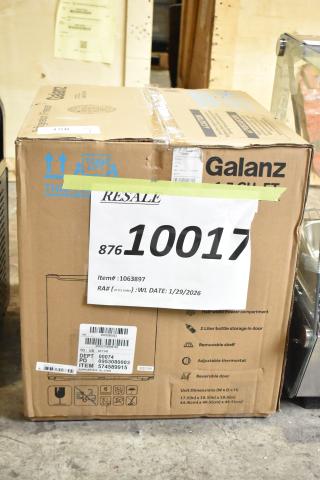 Galanz 1063897 1.7 Cu ft Mini Fridge, Black, New, in box. Features: Half-width freezer, 2L door storage, removable shelf, reversible door.