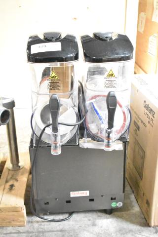 Galaxy 177GSM2 Double 3 Gallon Pourover Granita Machine, new with minimal cosmetic dents, 120V, dual tanks, clear labeling.