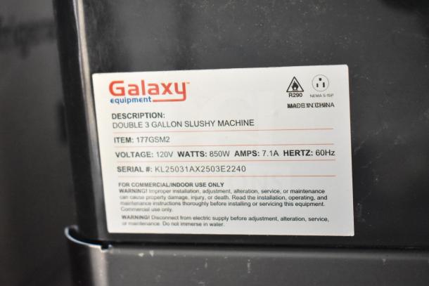 "Brand new Galaxy 177GSM2 double 3-gallon slushy machine, 120V, 850W. Scratch and dent condition, serial KL25031AX2503E2240."