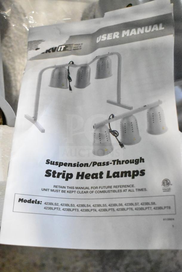 Brand new ServIt Suspension Bar Heat Lamp Kit, 120V, slight scratch and dent, user manual and multiple models listed.