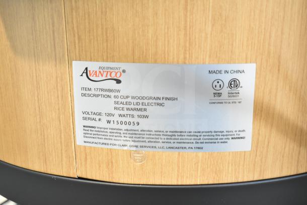 Brand new Avantco 177RWB60W rice warmer, 60-cup, woodgrain finish, 120V, sealed lid. Slight scratches, serial W1500059.