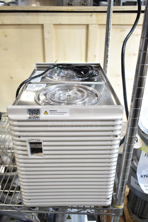 Crathco D25-4 beverage dispenser, dual 5-gallon bowls, high-impact plastic, 120V, brand new, minor cosmetic defects.